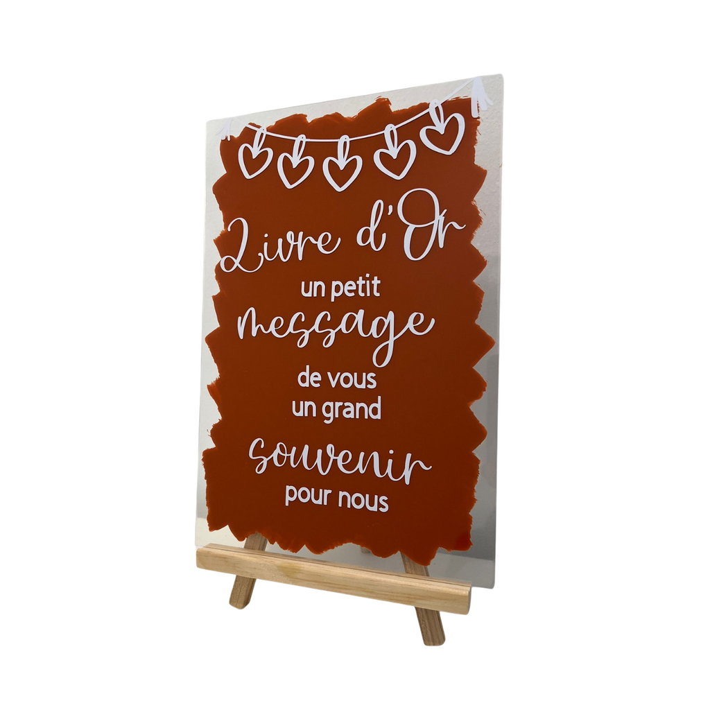 Pancarte livre d'or plexiglass terracotta sur chevalet