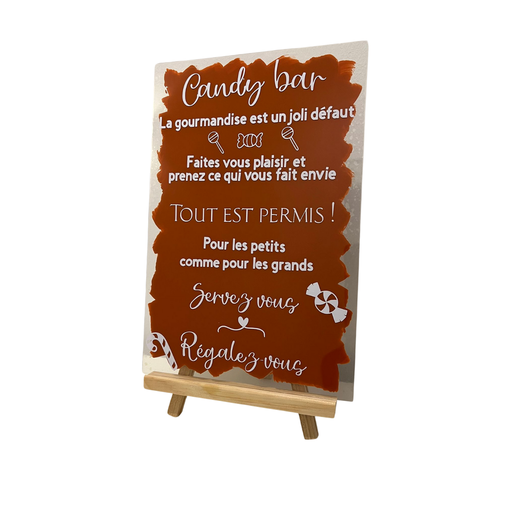 Pancarte candy bar plexiglass terracotta sur chevalet