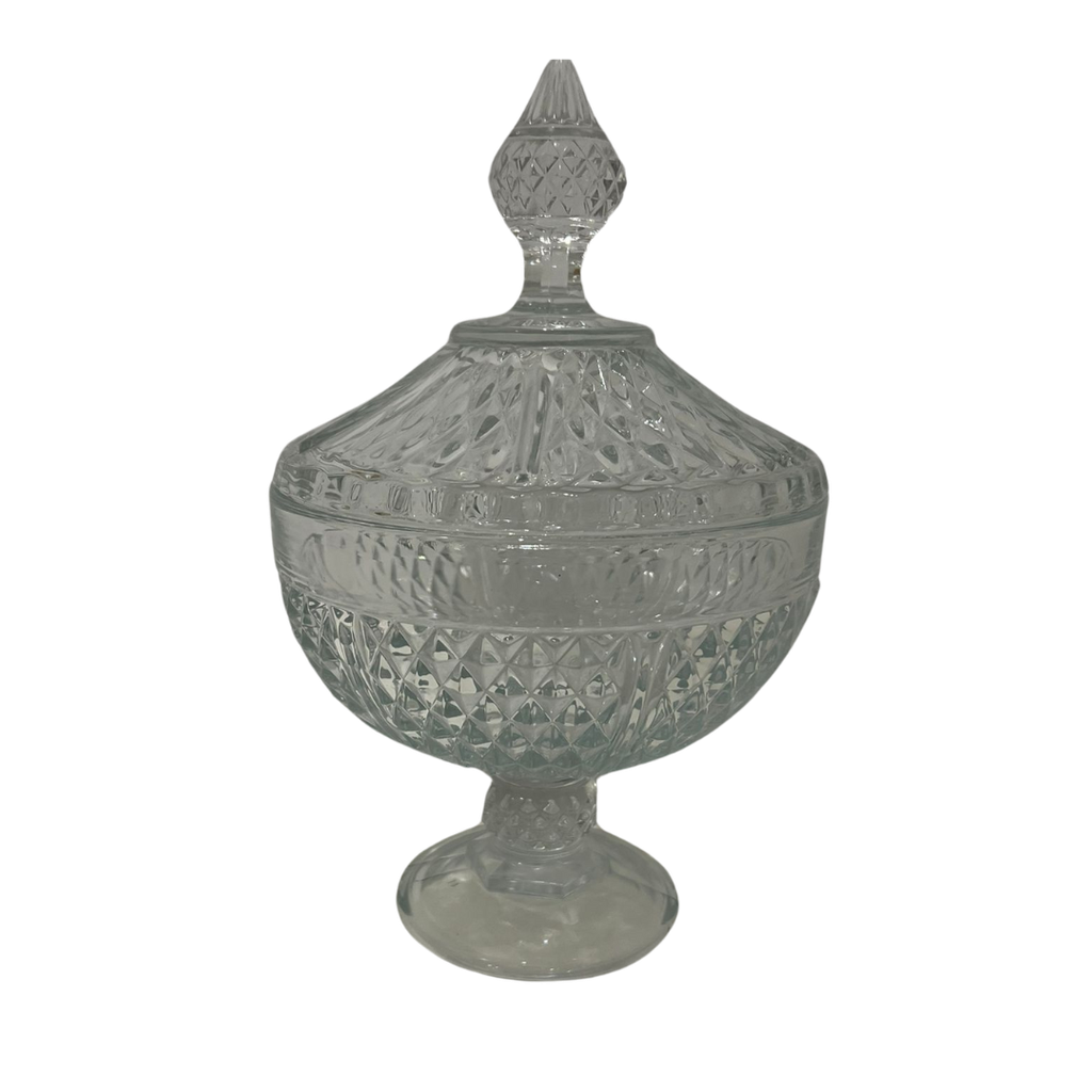 Bonbonnière en verre sur pied avec couvercle en verre