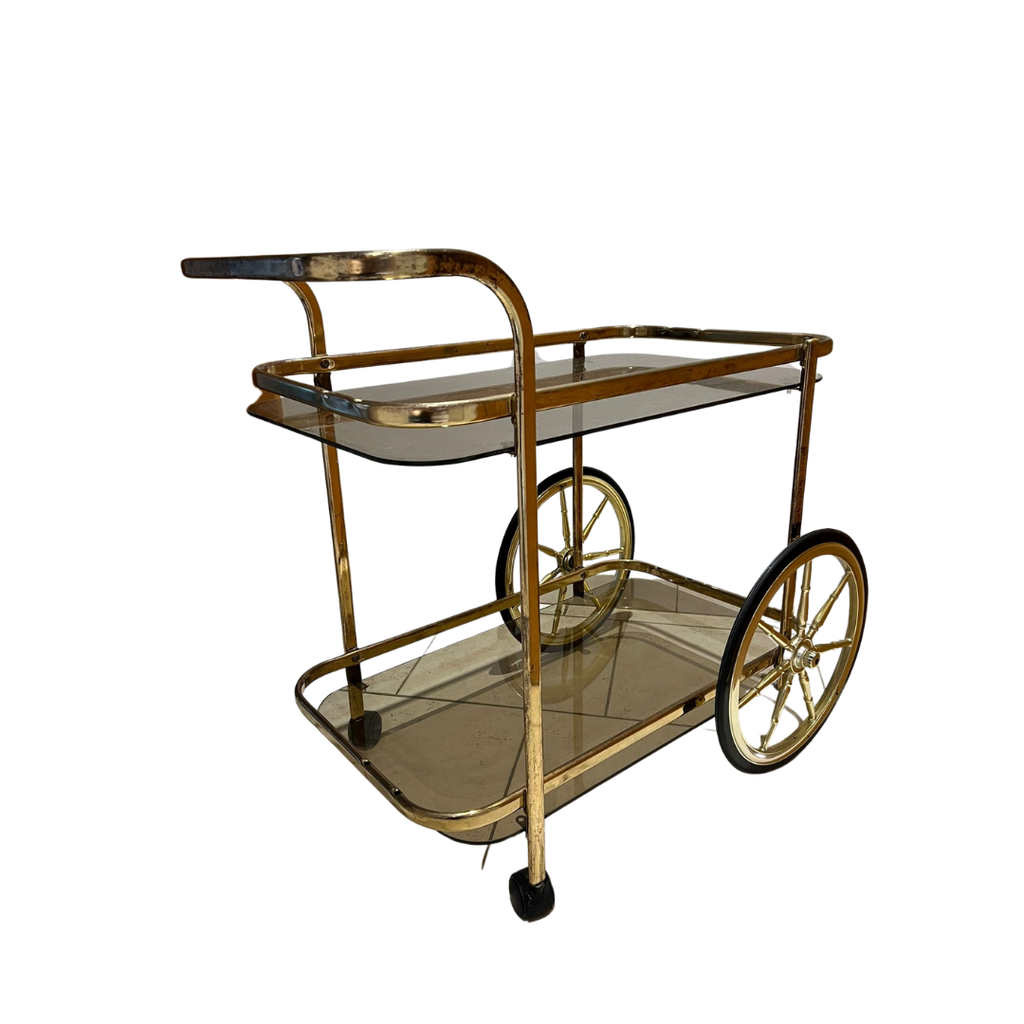 Desserte sur roulette en laiton et en verre