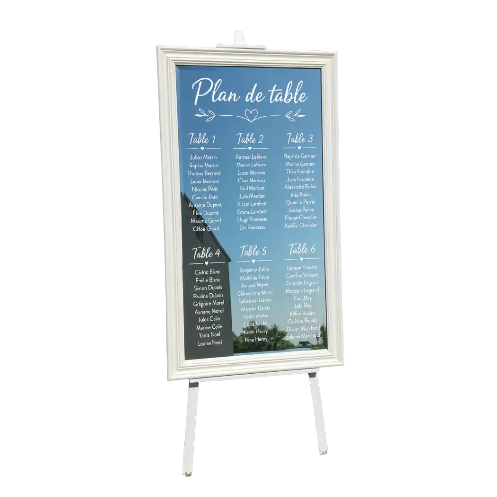 Miroir blanc grand format sur chevalet (PLAN DE TABLE compris)