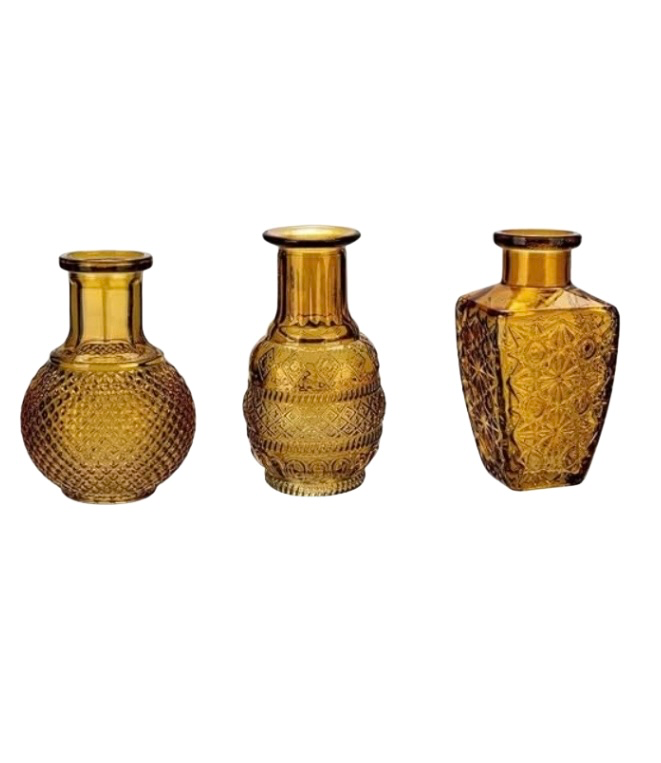 Vases en verre brun clair dépareillés trio