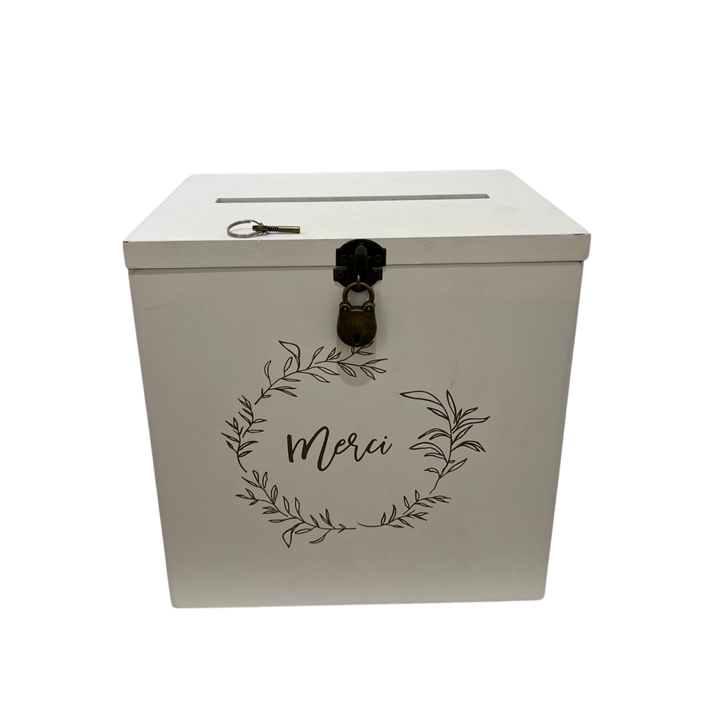 Urne "Merci" en bois blanc avec cadenas
